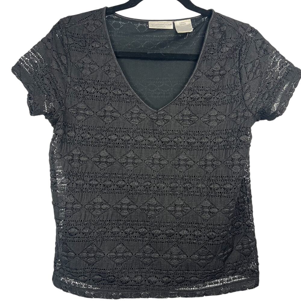 WORTHINGTON Stretch Black Lace Top L   Boxy Cropped Whimsey Goth Punk